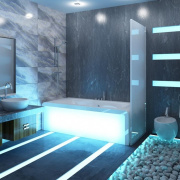 Просторная ванна с голубоватой подсветкой, оформленная в стиле техно-футуризм